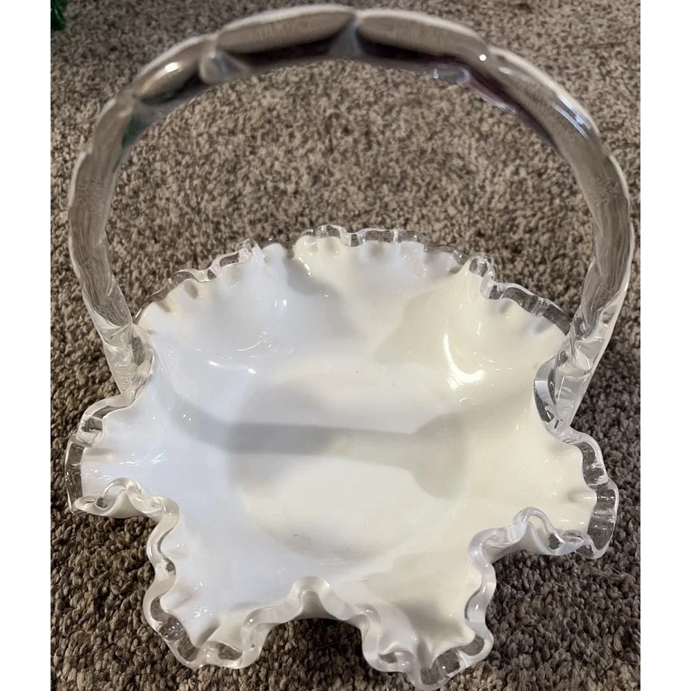 Vintage Fenton Silver Crest Milk Glass Basket Ruffled Edge Clear Glass Handle